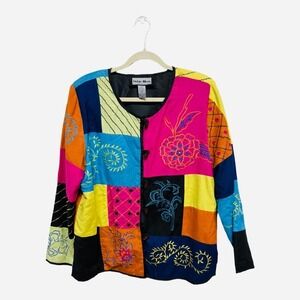 Indigo Rain Vintage Patchwork Bead Button Jacket Size Large Colorful Deco Art